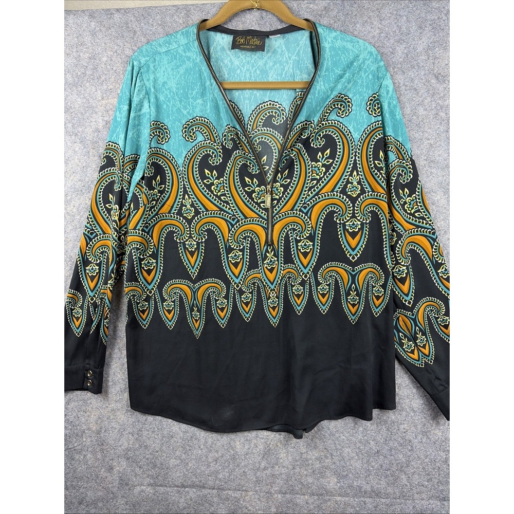 Bob Mackie women's paisley v-neck blouse gold zipper long sleeve top size LG
